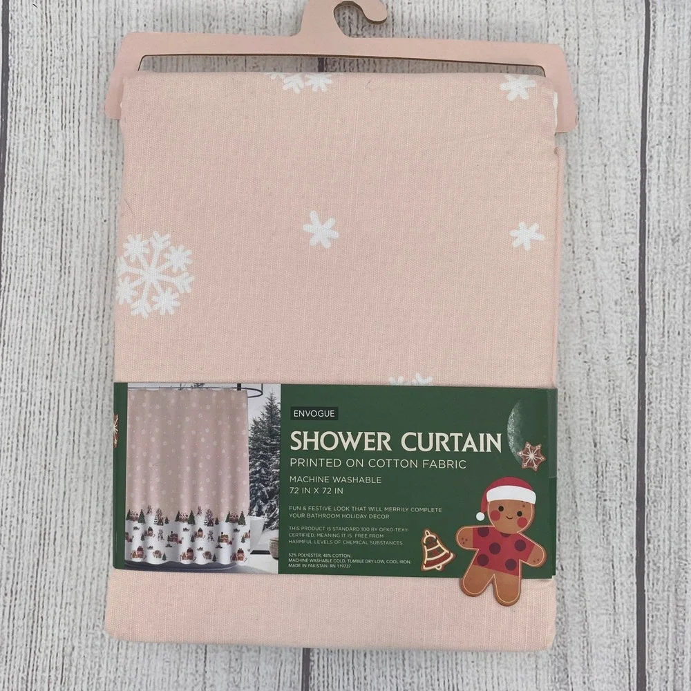 EnVogue Shower Curtain Pink Gingerbread Village Snowflake Holiday Christmas